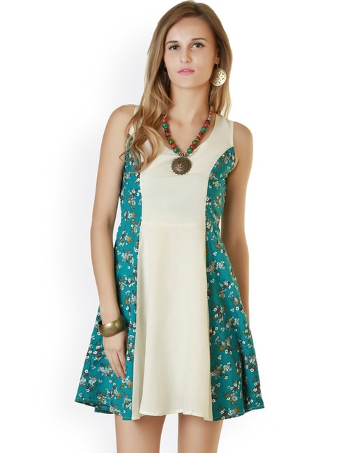 Belle Fille Green & Beige Floral Print Dress Price in India