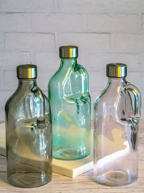 White Gold Transparent Glass Water Bottle - Set of 2 (1 L)