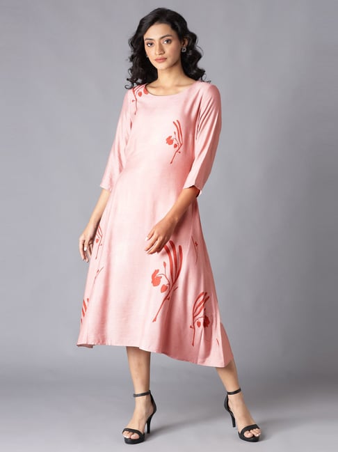 W Pink Floral Print A-Line Dress