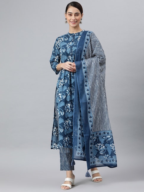 Janasya Blue Cotton Printed Kurta Pant Set With Dupatta Price in India
