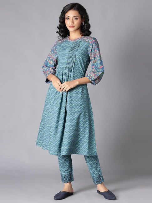 W Teal Green Floral Print A Line Kurta