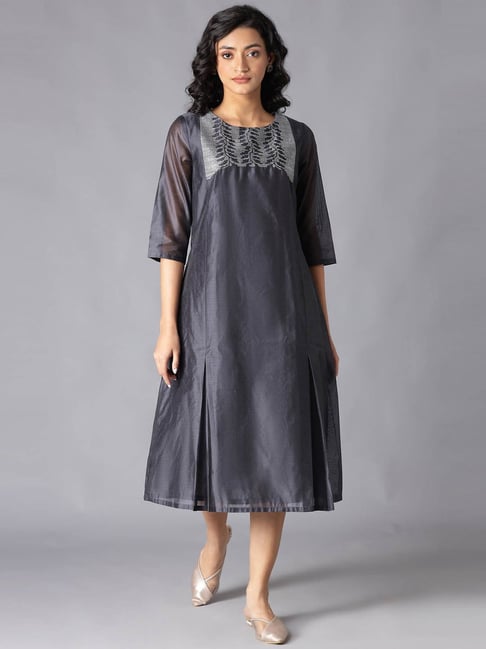W Grey Embroidered A-Line Dress Price in India