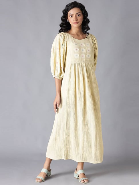 W Yellow Cotton Embroidered Maxi Dress Price in India