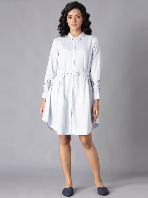 W White & Blue Striped A-Line Dress Price in India