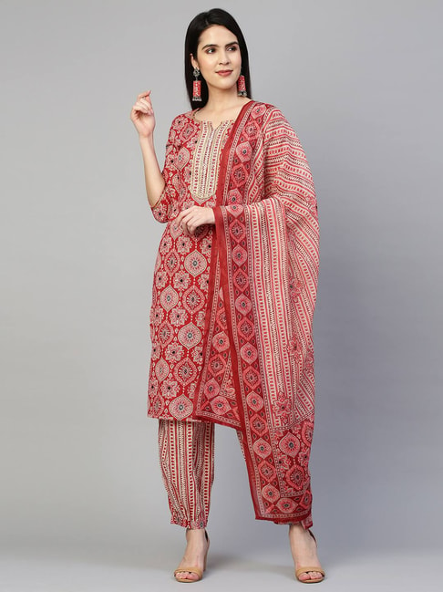 Fashor Red Printed Kurta and Patiala Pant Set With Dupatta Price in India