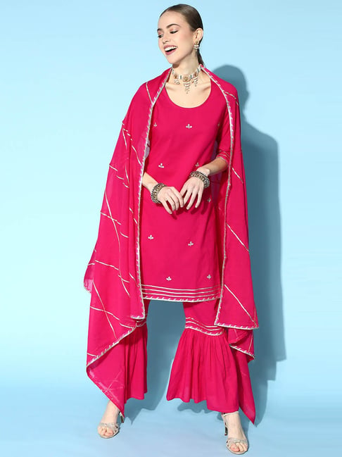 Jaipur Kurti Pink Pure Cotton Embroidered Kurti Sharara Set With Dupatta Price in India