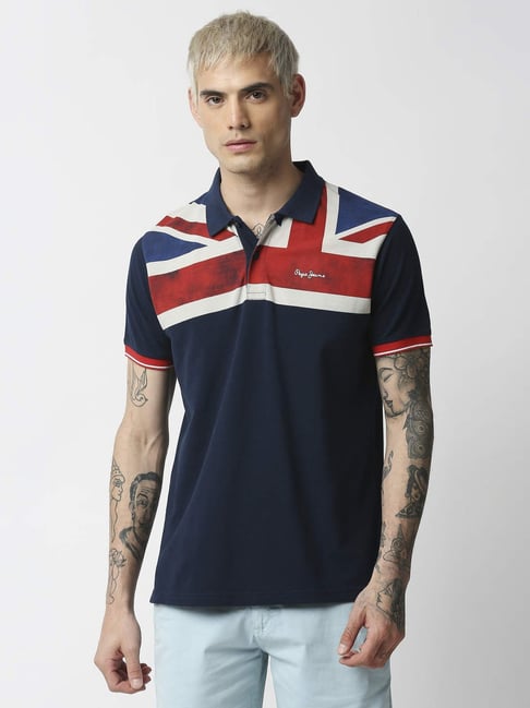 Pepe Jeans Navy Regular Fit Printed Polo T-Shirt