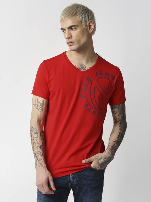 Pepe Jeans Red Regular Fit Printed T-Shirt