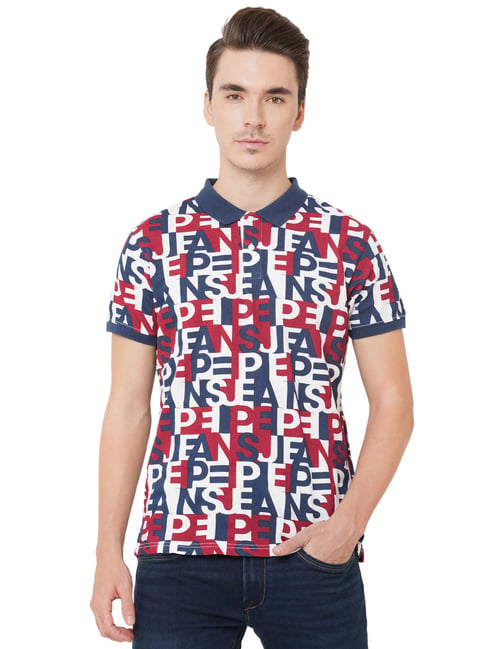 Pepe Jeans White & Navy Regular Fit Printed Polo T-Shirt