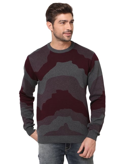 Pepe Jeans Grey & Maroon Regular Fit Camouflage Sweater