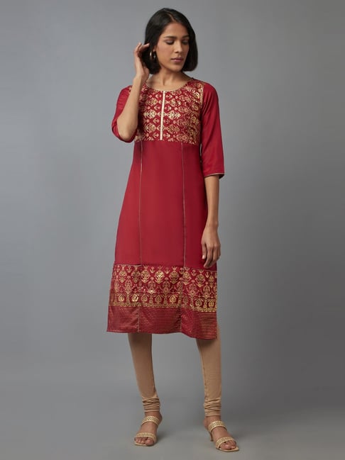 Aurelia Red Floral Print Straight Kurta Price in India