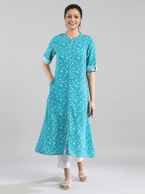 Aurelia Blue Floral Print Straight Kurta Price in India