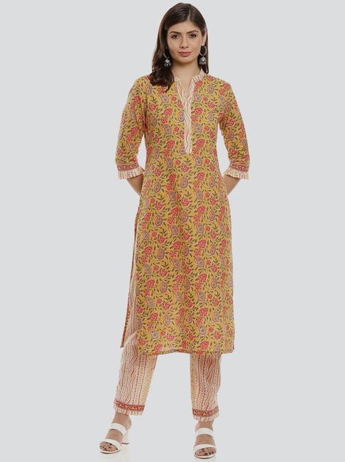 Biba Yellow Cotton Floral Print Dress Material