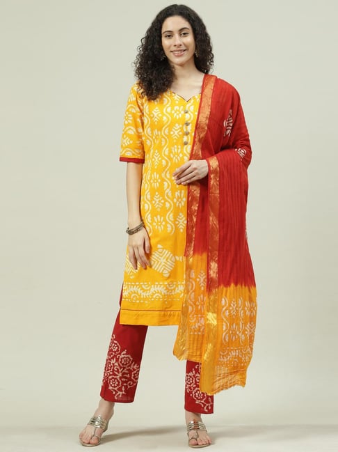 Biba Yellow & Red Cotton Printed Dress Material