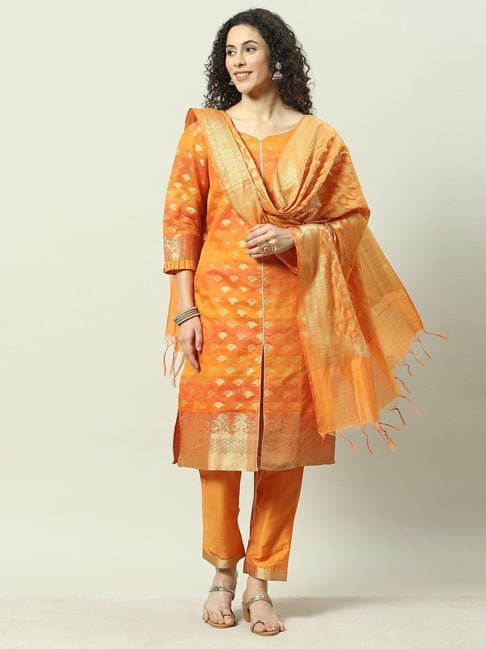 Biba Yellow & Orange Woven Pattern Dress Material