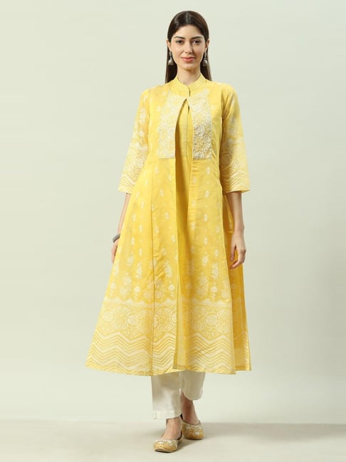 Biba Yellow Embroidered Flared Kurta Price in India