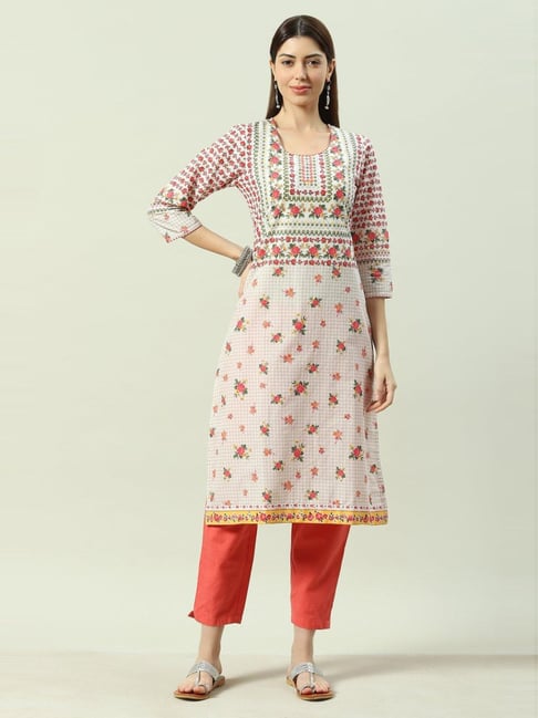 Biba Off-White & Pink Cotton Printed A Line Kurta Price in India