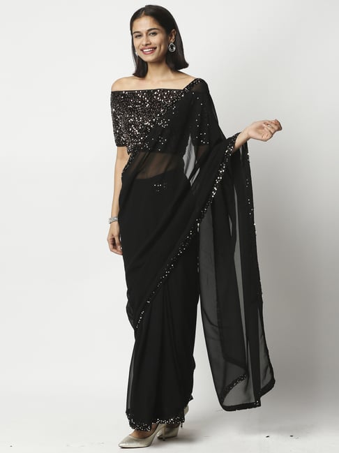Ira Soleil Black Embellished Ready to Wear Saree With Blouse Price in India