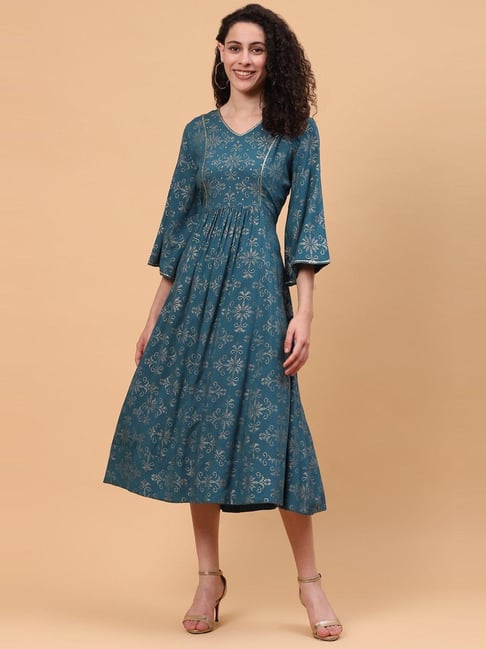 Rangriti Teal Blue Printed A-Line Dress Price in India