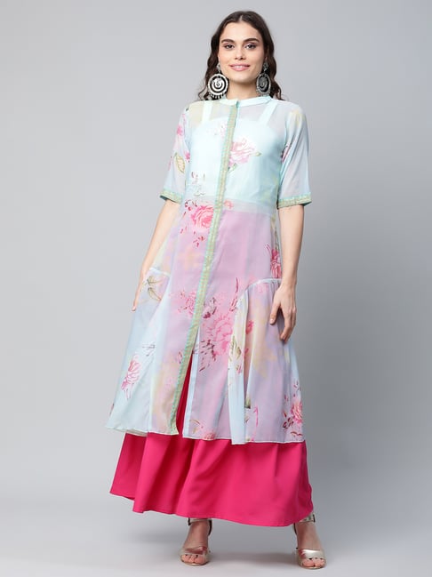 Ahalyaa Sky Blue Floral Print A Line Kurta With Top Price in India