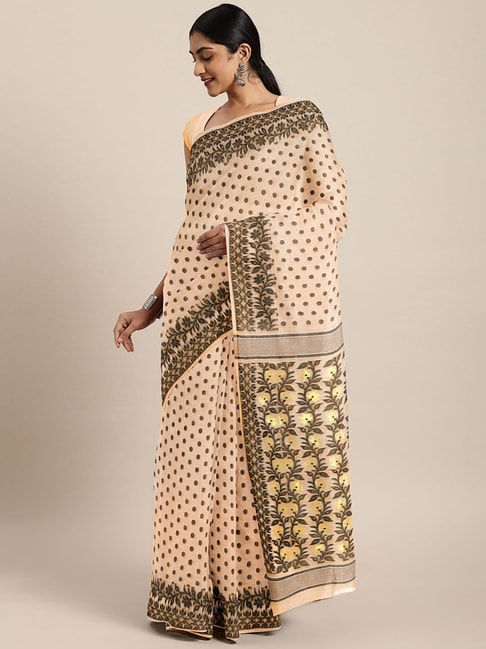 Kalakari India Cream & Black Cotton Silk Woven Saree With Unstitched Blouse Price in India