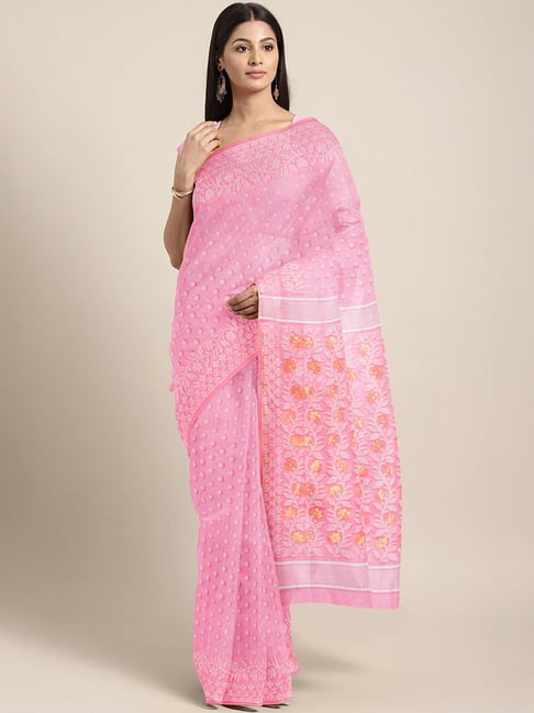 Kalakari India Pink & White Cotton Silk Woven Saree With Unstitched Blouse Price in India