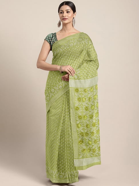 Kalakari India Green & White Cotton Silk Woven Saree With Unstitched Blouse Price in India