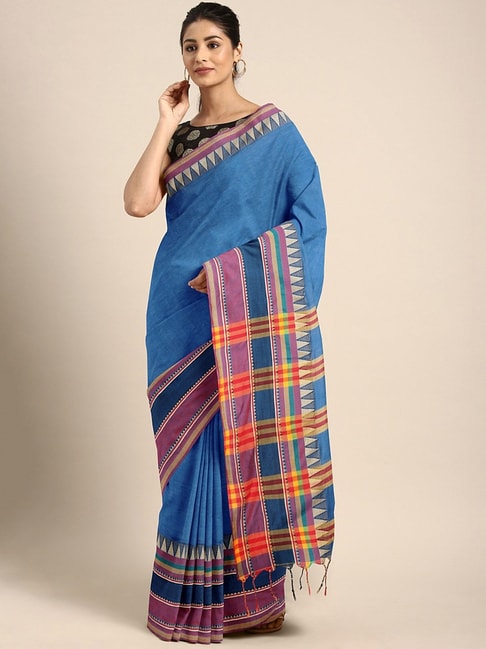 Kalakari India Blue Cotton Woven Saree With Unstitched Blouse Price in India