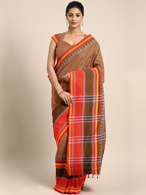 Kalakari India Brown Cotton Woven Saree With Unstitched Blouse Price in India