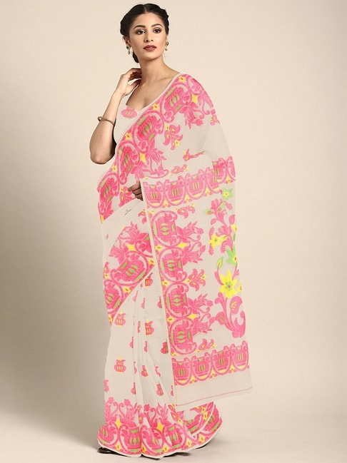 Kalakari India Pink & Off-White Cotton Woven Saree With Unstitched Blouse Price in India
