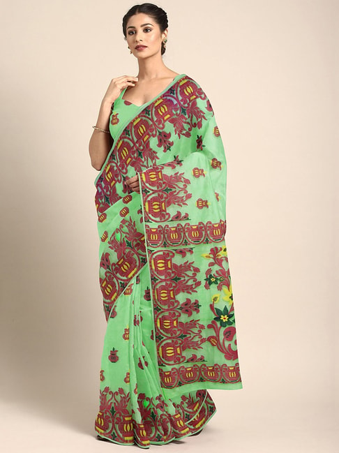 Kalakari India Green & Maroon Cotton Woven Saree With Unstitched Blouse Price in India