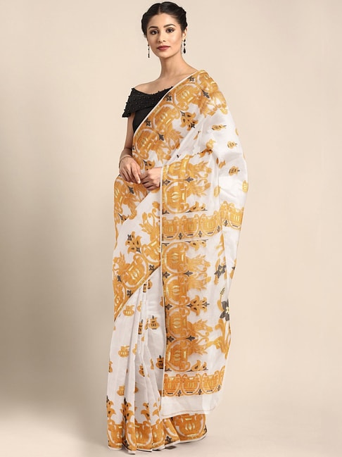 Kalakari India Beige & White Cotton Woven Saree With Unstitched Blouse Price in India