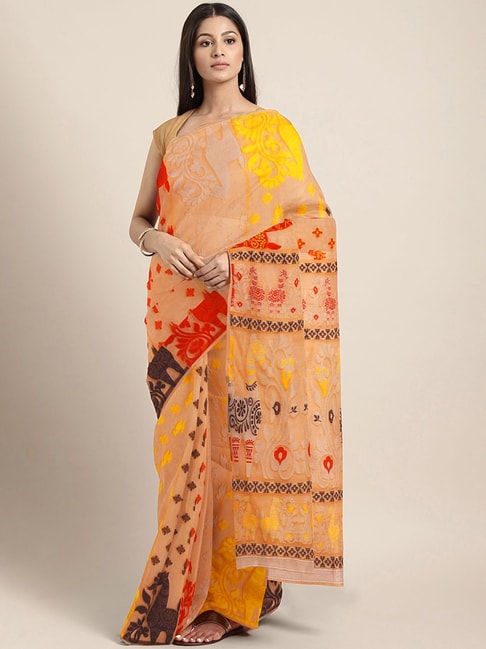 Kalakari India Orange Cotton Woven Saree With Unstitched Blouse Price in India