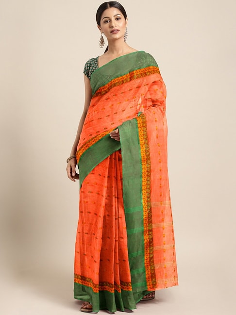 Kalakari India Orange & Green Cotton Woven Saree With Unstitched Blouse Price in India