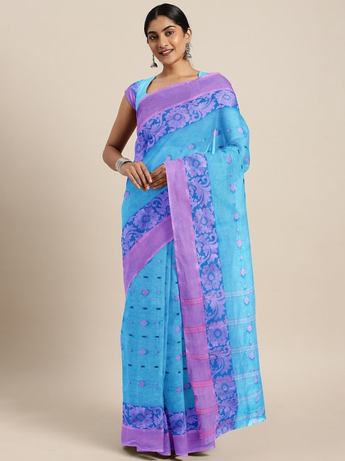 Kalakari India Blue & Purple Cotton Woven Saree With Unstitched Blouse Price in India