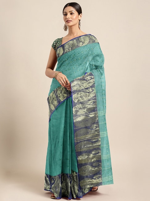 Kalakari India Green Cotton Woven Saree With Unstitched Blouse Price in India