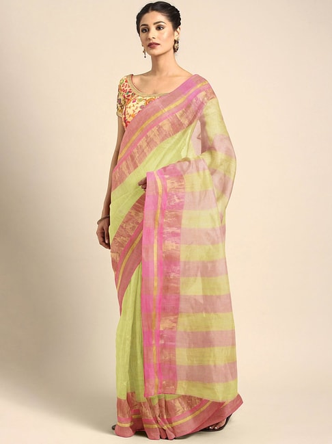 Kalakari India Yellow & Pink Cotton Woven Saree With Unstitched Blouse Price in India
