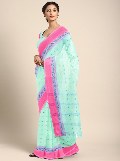 Kalakari India Blue & Pink Cotton Woven Saree With Unstitched Blouse Price in India