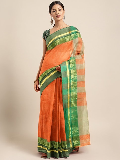 Kalakari India Orange & Green Cotton Woven Saree With Unstitched Blouse Price in India