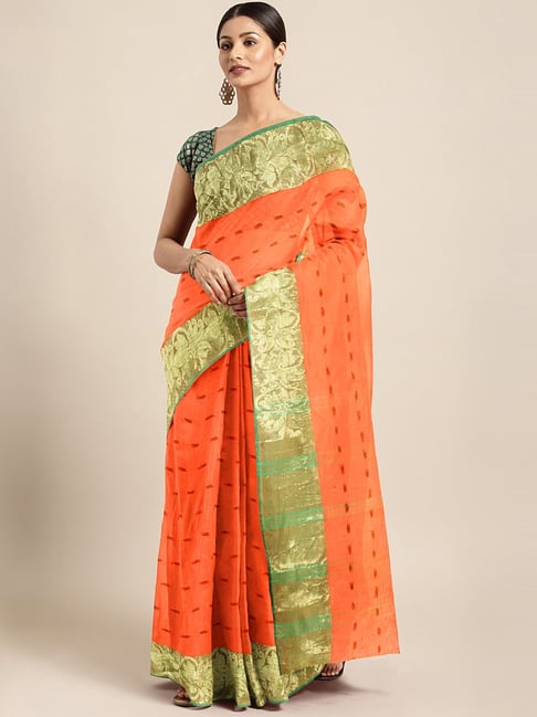 Stylish Green And Orange Color Party Wear Designer Georgette Saree