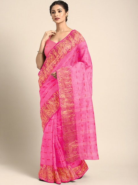 Kalakari India Pink Cotton Zari Work Saree With Unstitched Blouse Price in India