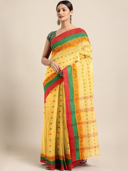 Kalakari India Yellow Cotton Woven Saree With Unstitched Blouse Price in India