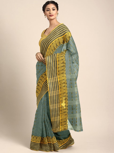 Kalakari India Green & Gold Cotton Woven Saree With Unstitched Blouse Price in India