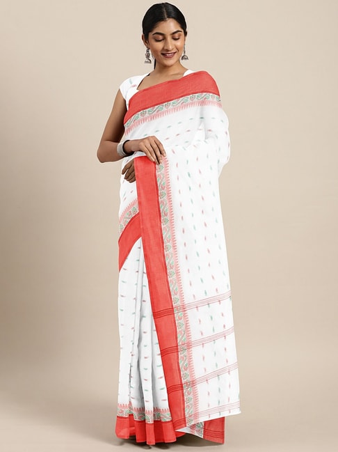 Kalakari India White & Red Cotton Woven Saree With Unstitched Blouse Price in India