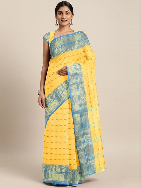 Sky Blue Saree with Contrast Yellow Blouse Soft Brasso Silk