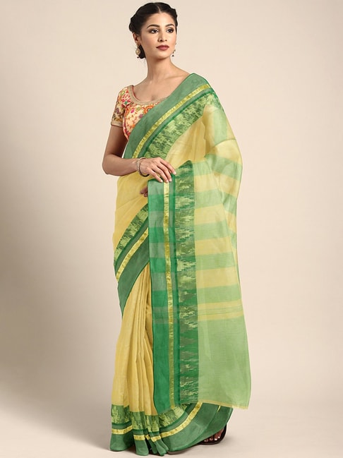 Kalakari India Green & Yellow Cotton Woven Saree With Unstitched Blouse Price in India
