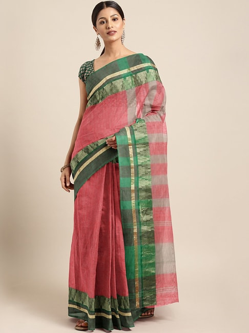 Kalakari India Red & Green Cotton Woven Saree With Unstitched Blouse Price in India