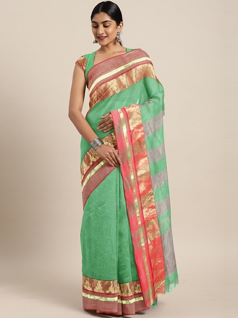 Kalakari India Green Cotton Woven Saree With Unstitched Blouse Price in India