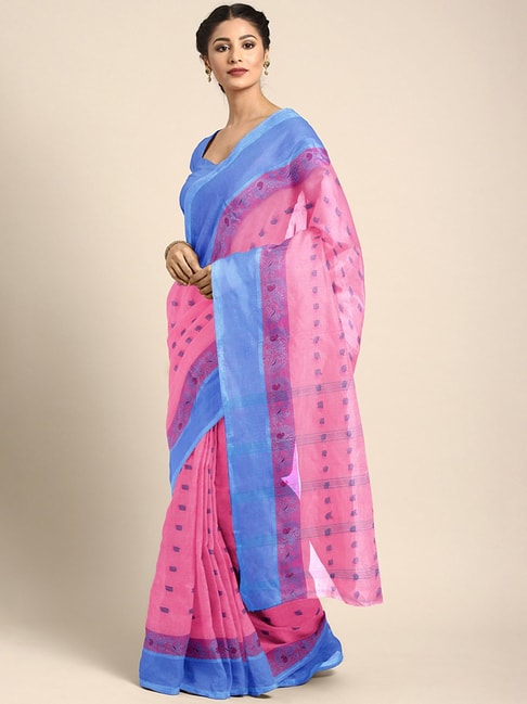 Kalakari India Pink & Blue Cotton Woven Saree With Unstitched Blouse Price in India