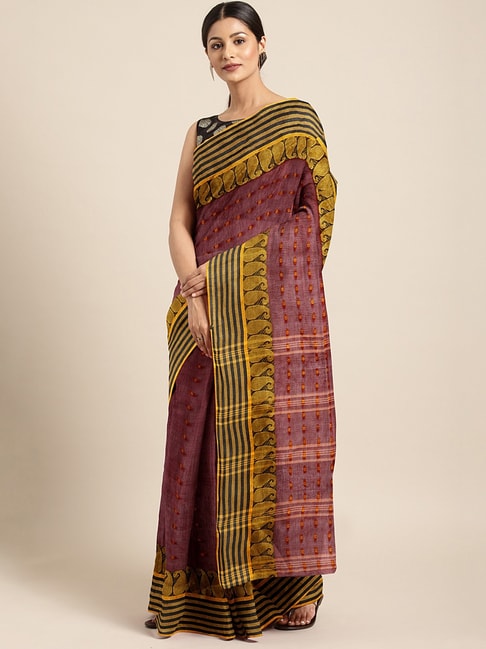 Kalakari India Maroon & Gold Cotton Woven Saree With Unstitched Blouse Price in India